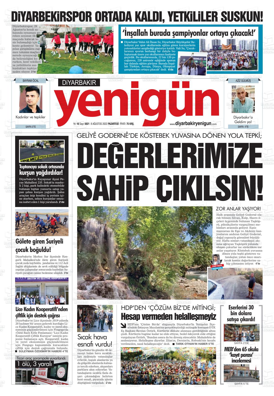 08 Ağustos 2022 Diyarbakır Yenigün Gazete Manşeti