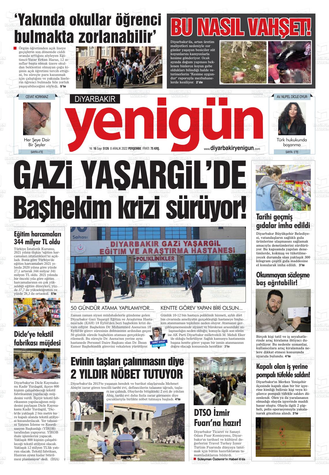08 Aralık 2022 Diyarbakır Yenigün Gazete Manşeti