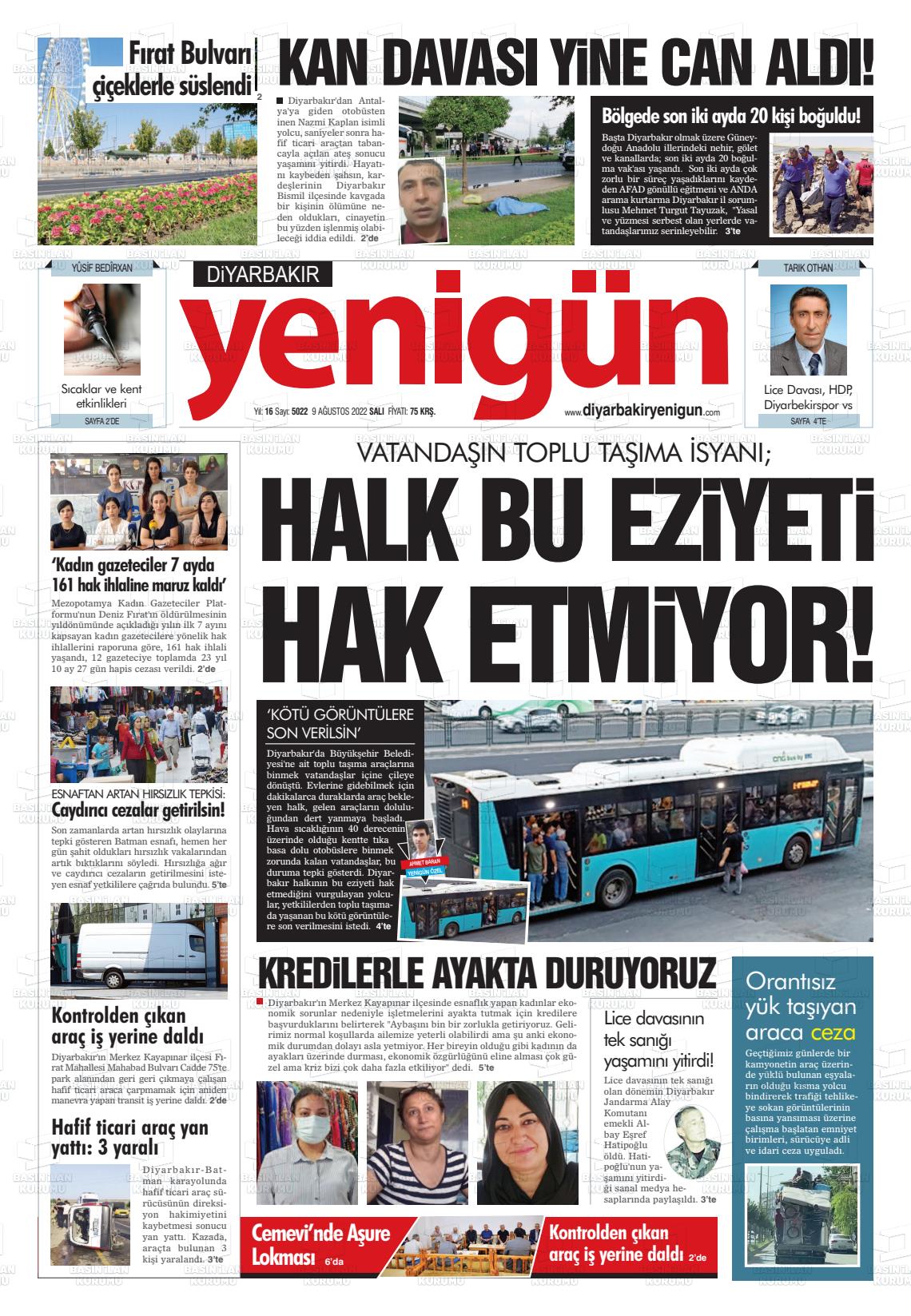 09 Ağustos 2022 Diyarbakır Yenigün Gazete Manşeti