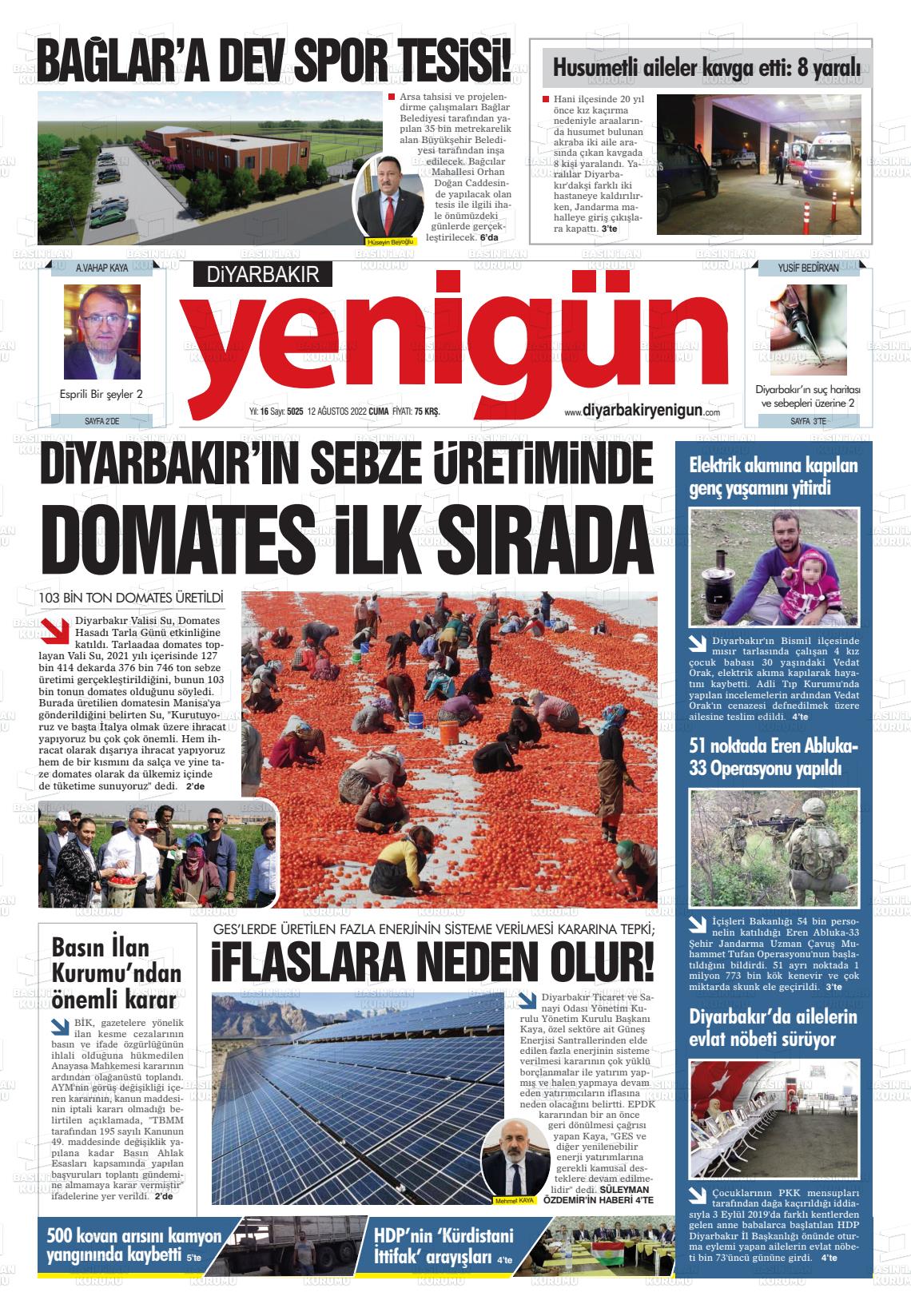 12 Ağustos 2022 Diyarbakır Yenigün Gazete Manşeti