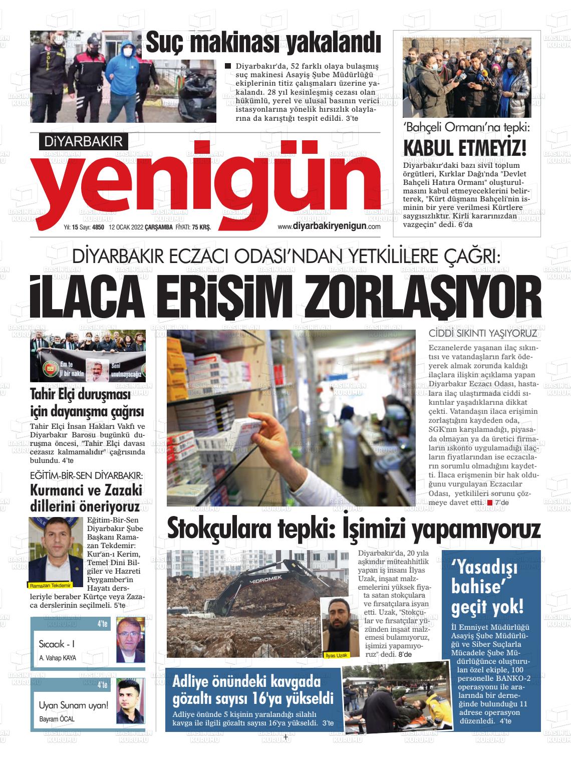 12 Ocak 2022 Diyarbakır Yenigün Gazete Manşeti