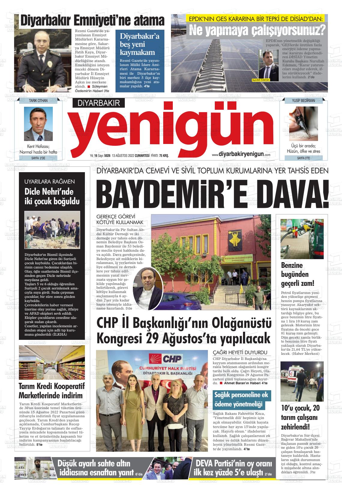 13 Ağustos 2022 Diyarbakır Yenigün Gazete Manşeti
