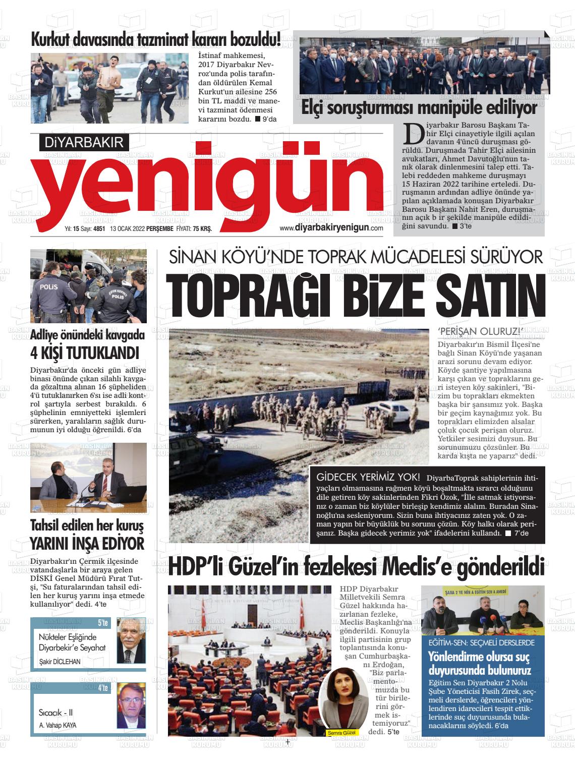 13 Ocak 2022 Diyarbakır Yenigün Gazete Manşeti