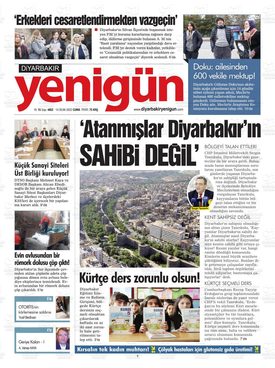14 Ocak 2022 Diyarbakır Yenigün Gazete Manşeti
