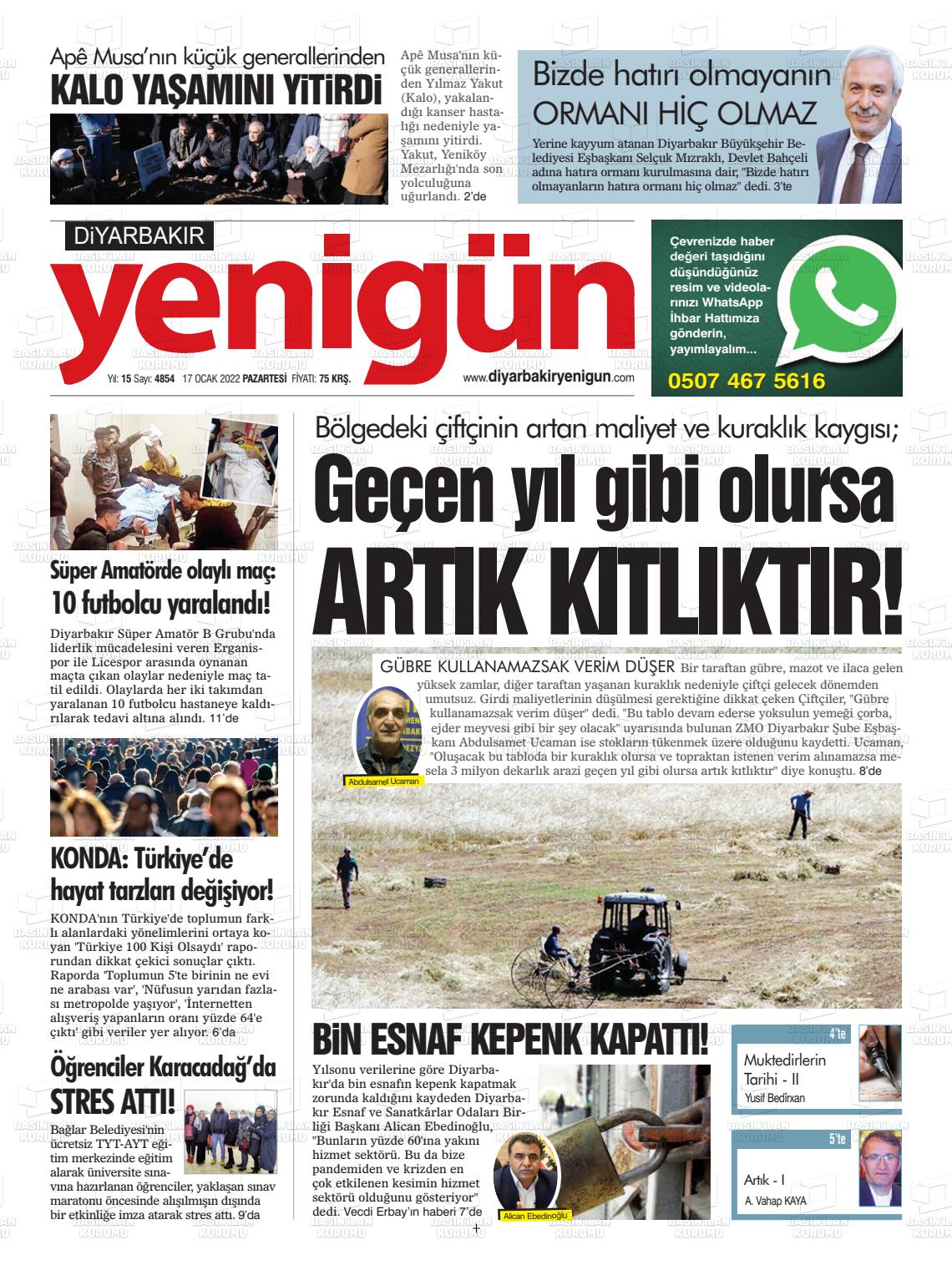 17 Ocak 2022 Diyarbakır Yenigün Gazete Manşeti
