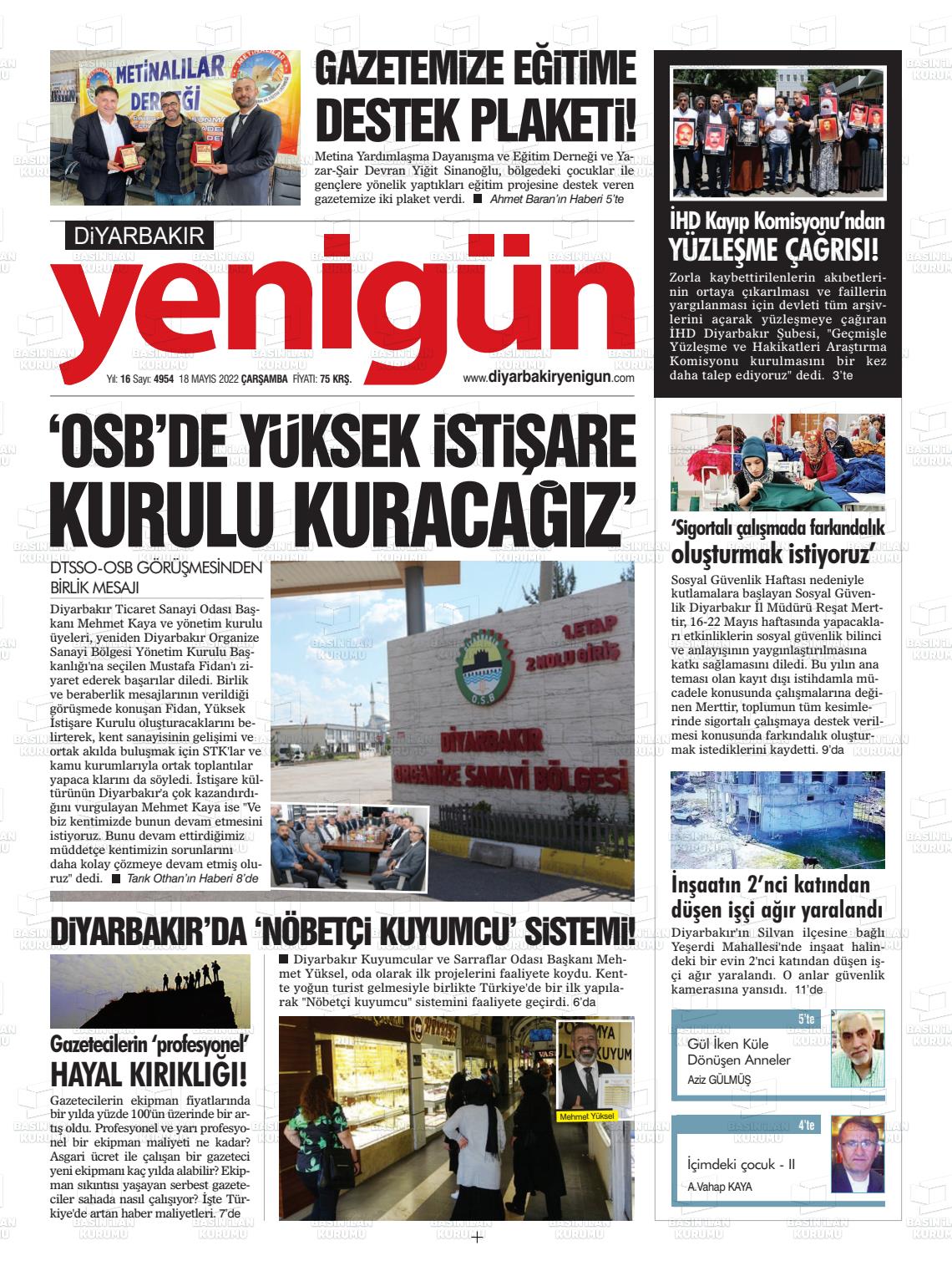 18 Mayıs 2022 Diyarbakır Yenigün Gazete Manşeti