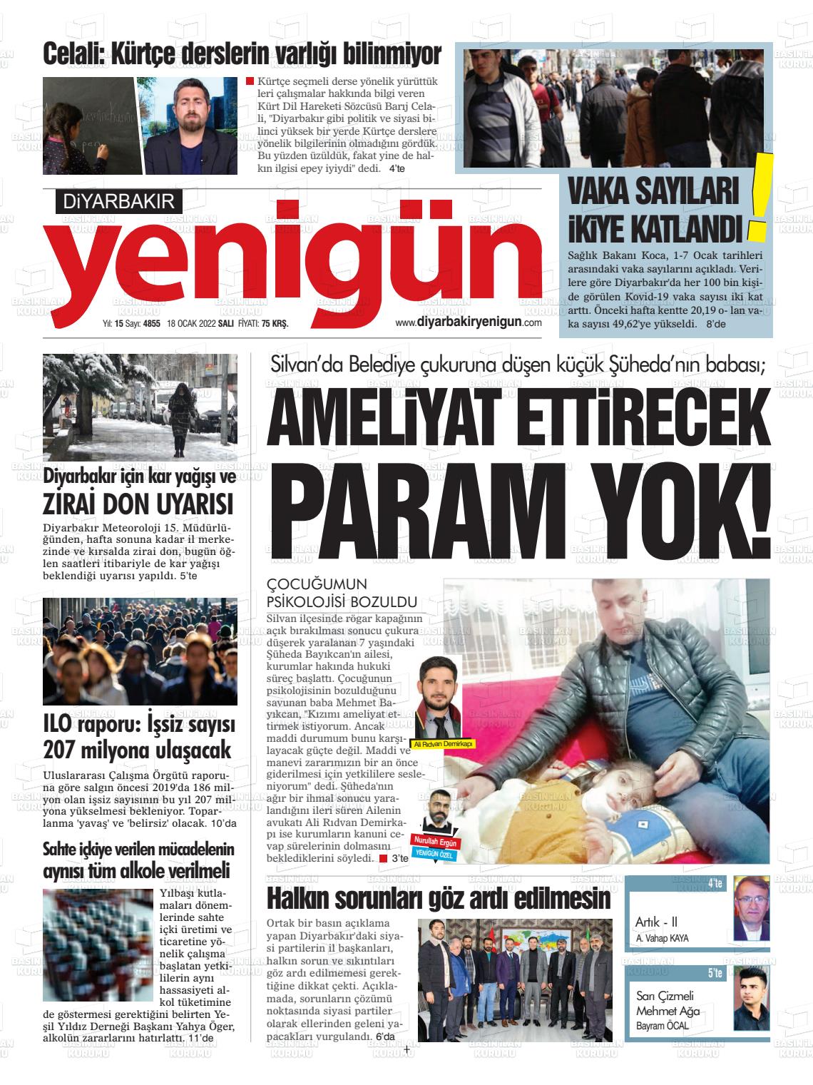 18 Ocak 2022 Diyarbakır Yenigün Gazete Manşeti