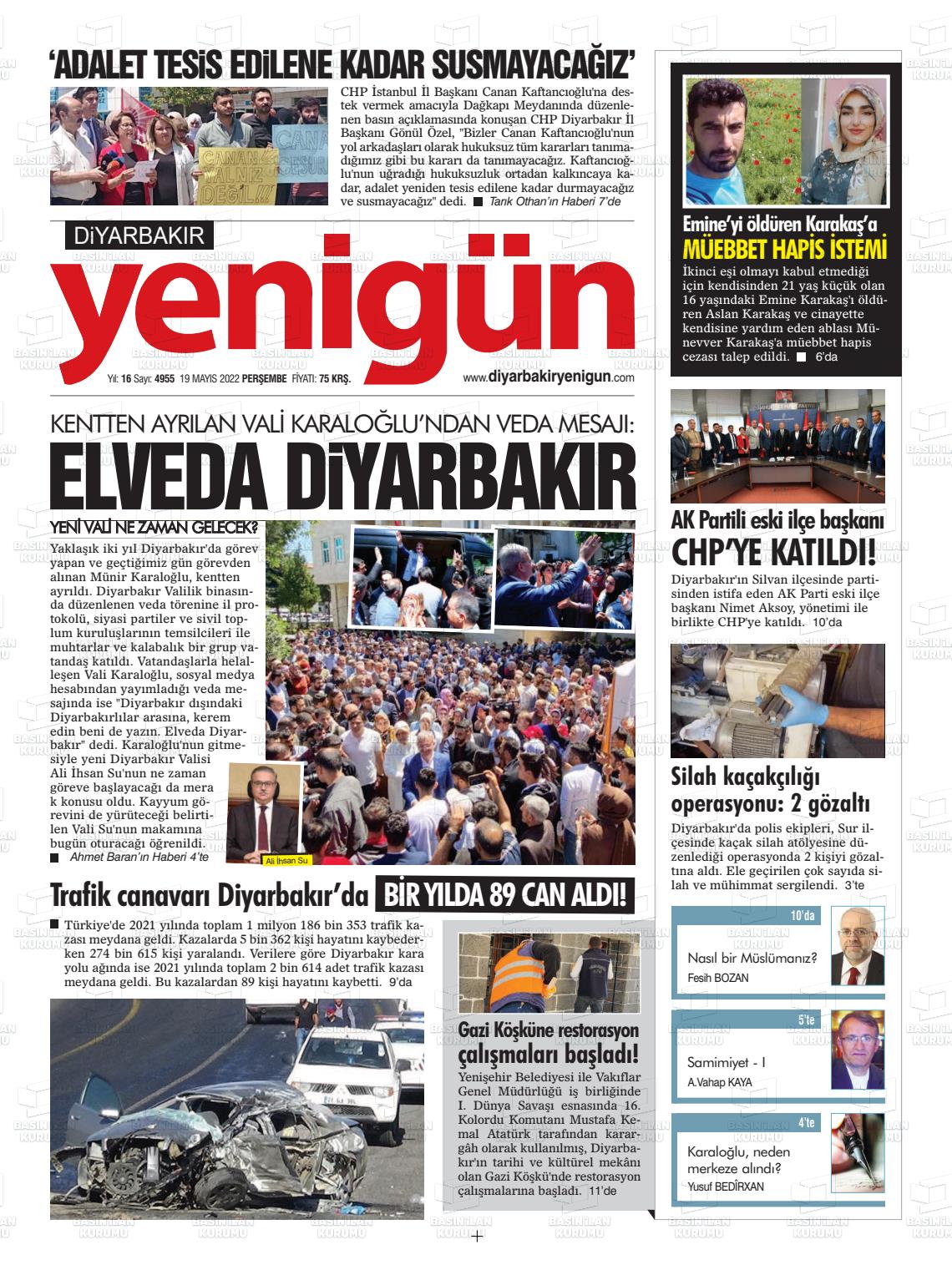 19 Mayıs 2022 Diyarbakır Yenigün Gazete Manşeti