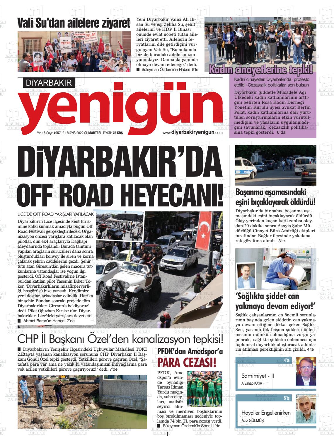 21 Mayıs 2022 Diyarbakır Yenigün Gazete Manşeti