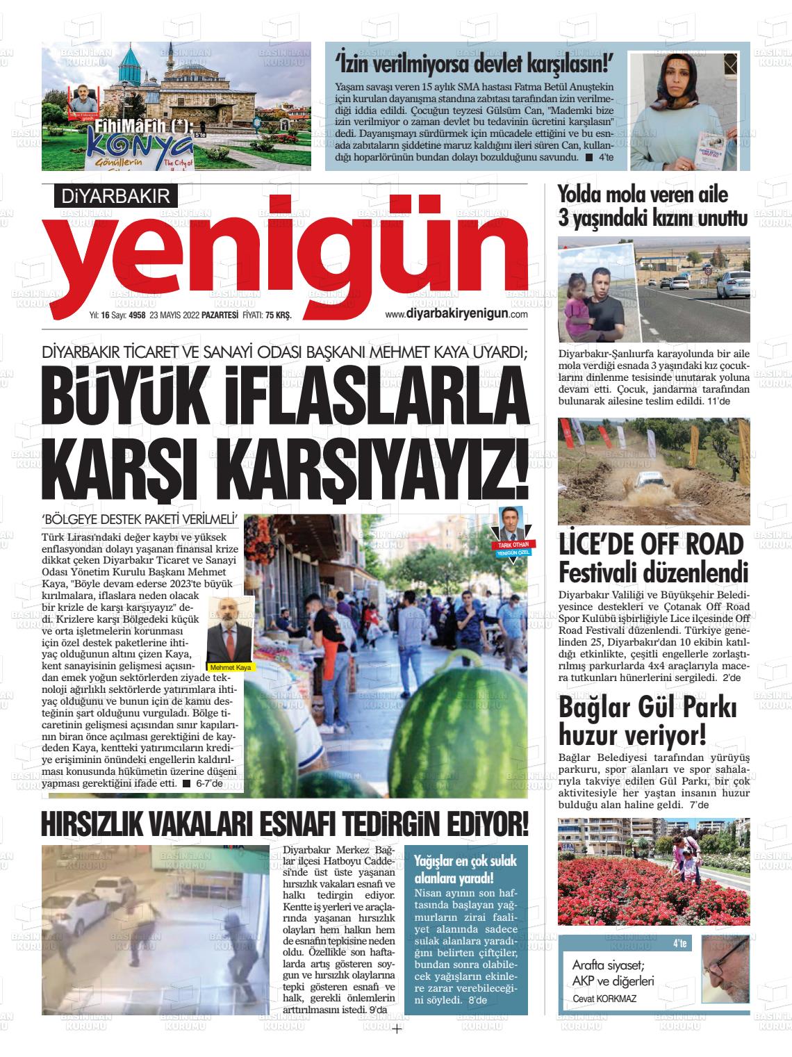 23 Mayıs 2022 Diyarbakır Yenigün Gazete Manşeti