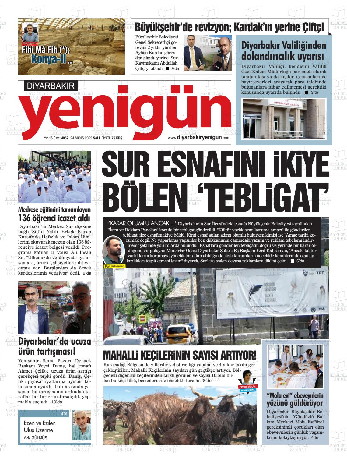 24 Mayıs 2022 Diyarbakır Yenigün Gazete Manşeti