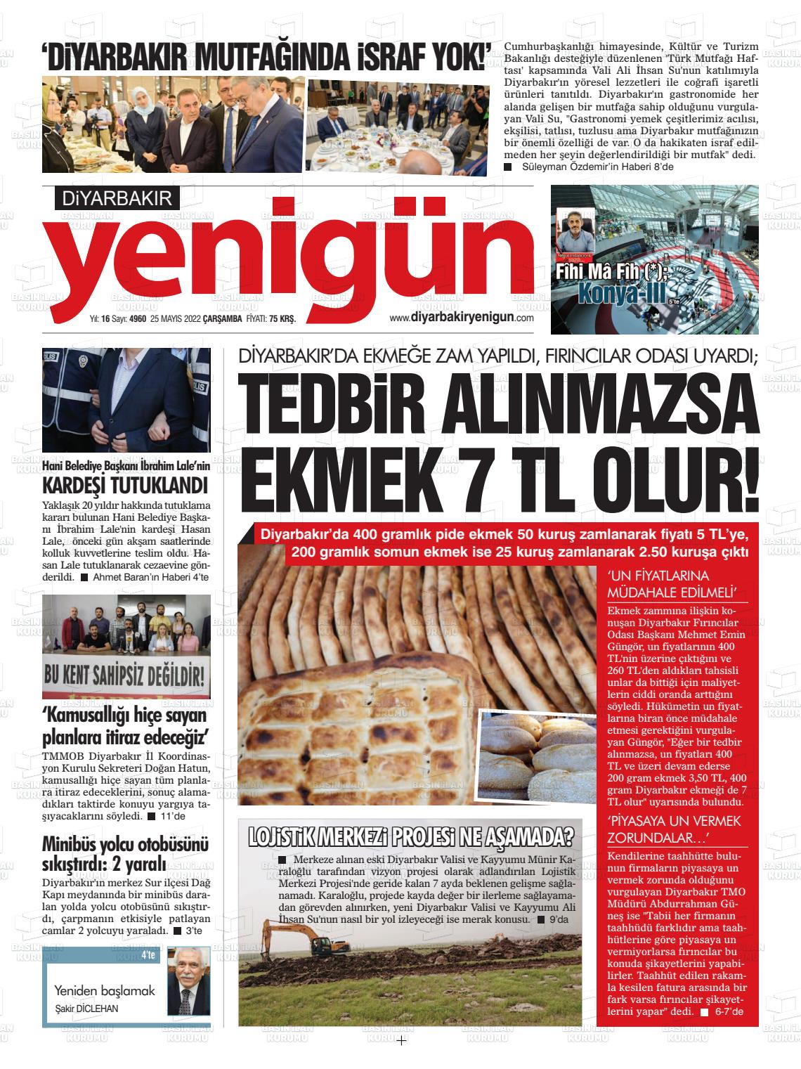 25 Mayıs 2022 Diyarbakır Yenigün Gazete Manşeti