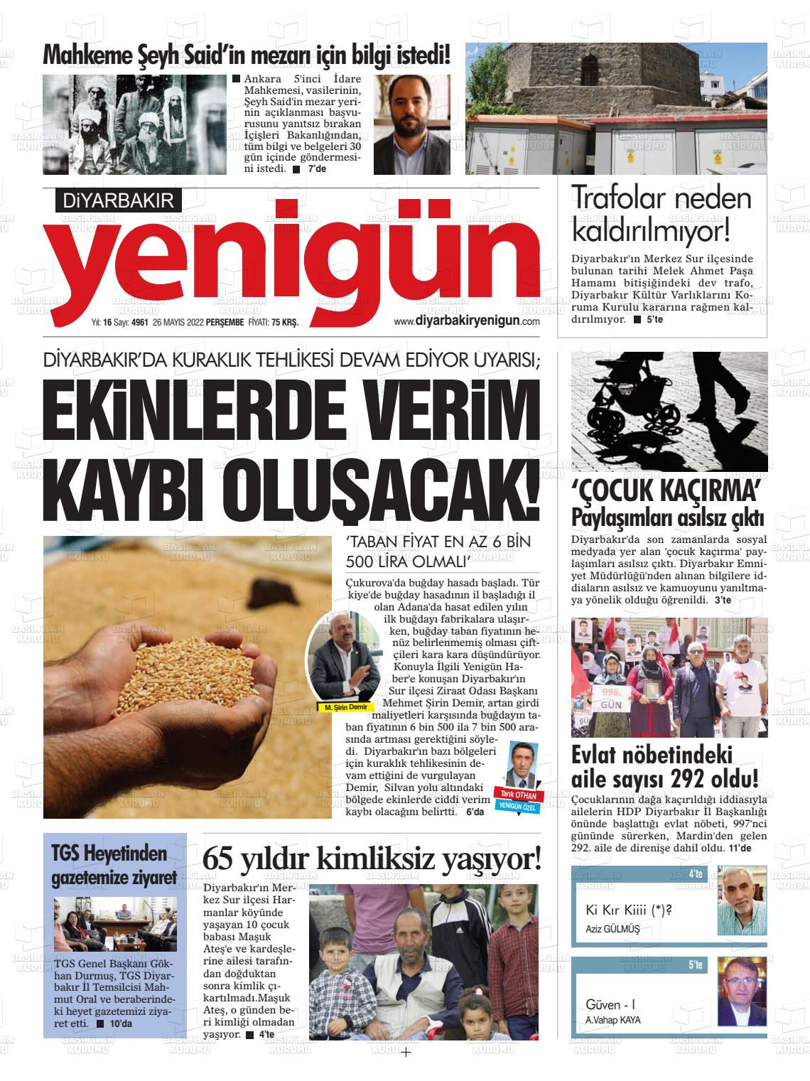 26 Mayıs 2022 Diyarbakır Yenigün Gazete Manşeti