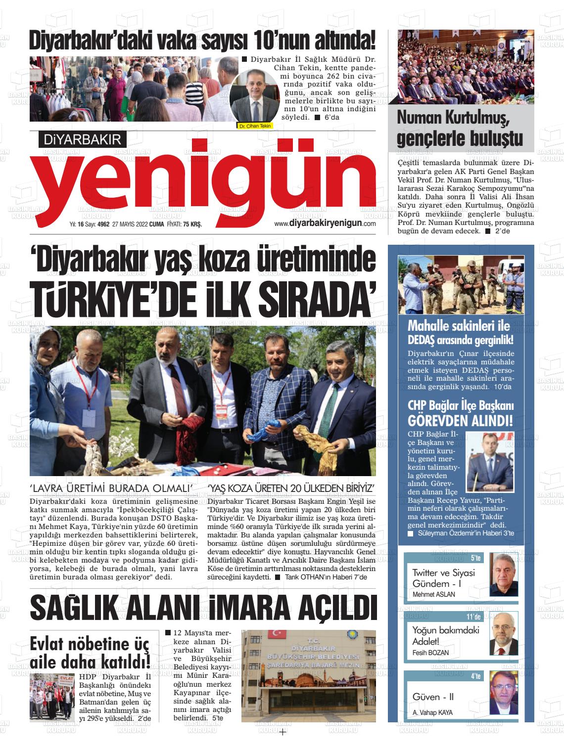 27 Mayıs 2022 Diyarbakır Yenigün Gazete Manşeti