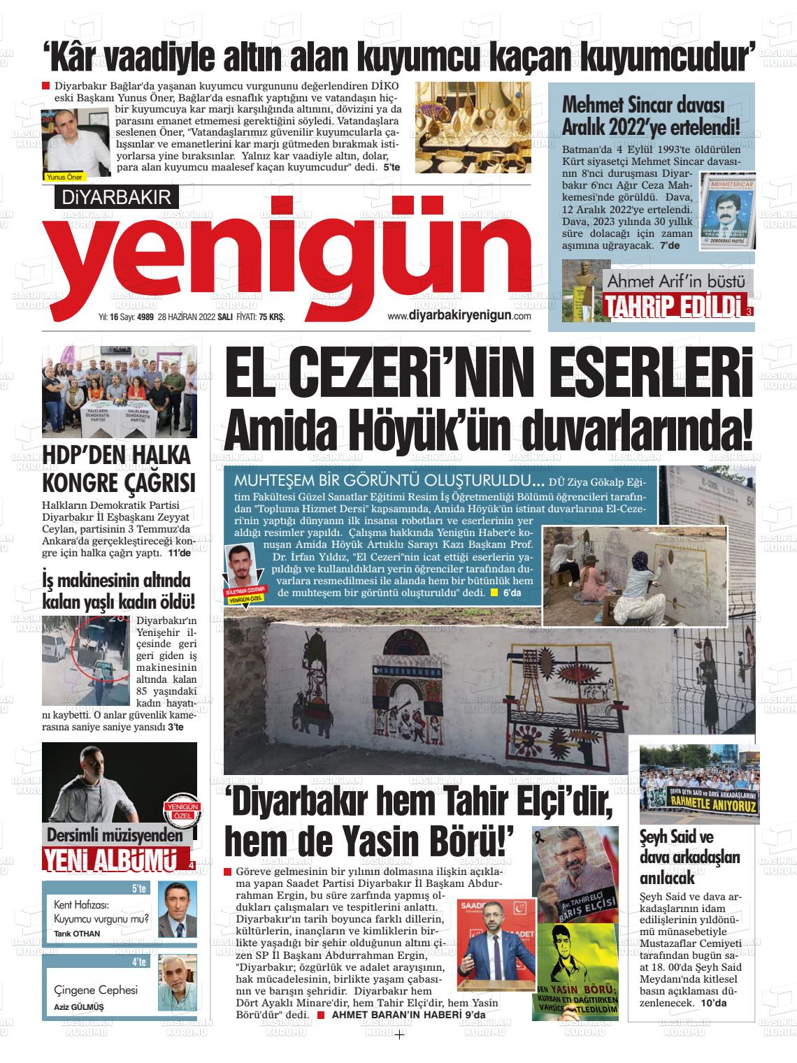 28 Haziran 2022 Diyarbakır Yenigün Gazete Manşeti