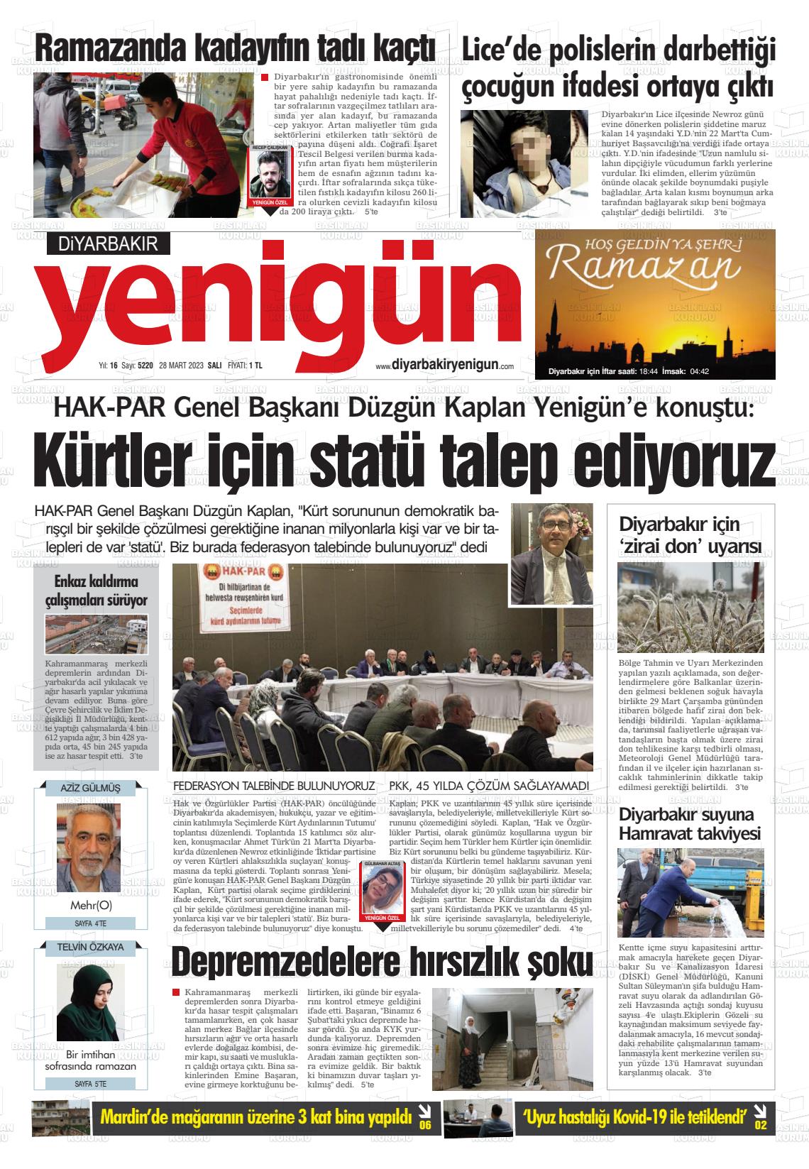 28 Mart 2023 Diyarbakır Yenigün Gazete Manşeti