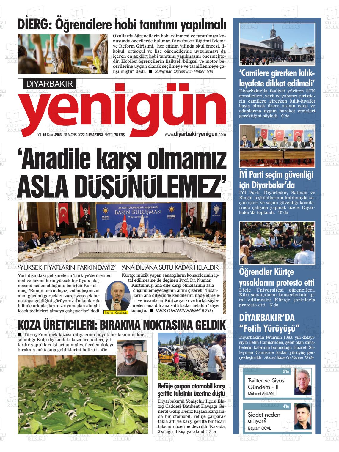 28 Mayıs 2022 Diyarbakır Yenigün Gazete Manşeti