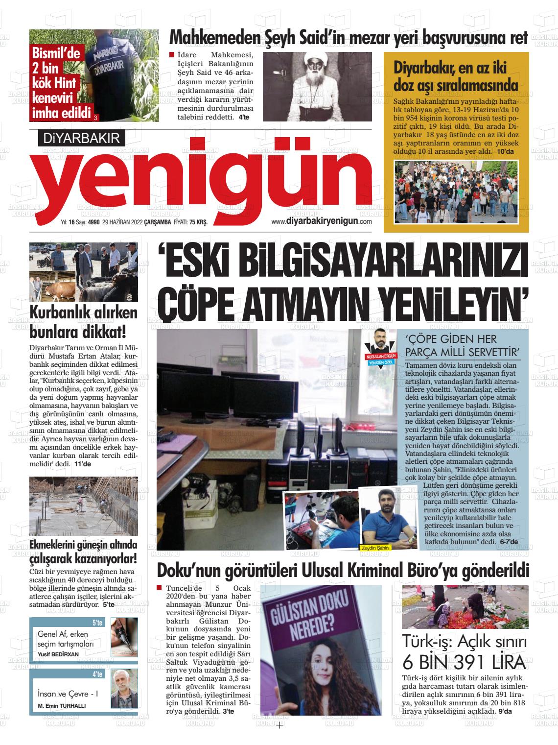 29 Haziran 2022 Diyarbakır Yenigün Gazete Manşeti