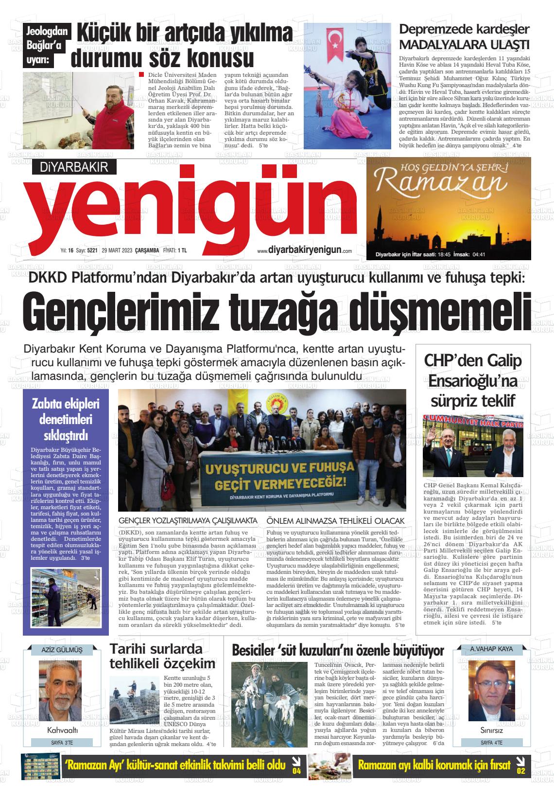 29 Mart 2023 Diyarbakır Yenigün Gazete Manşeti