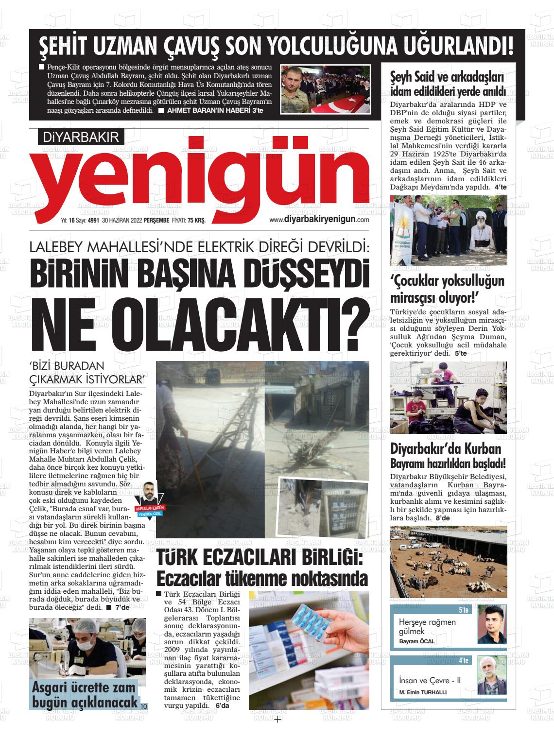 01 Temmuz 2022 Diyarbakır Yenigün Gazete Manşeti