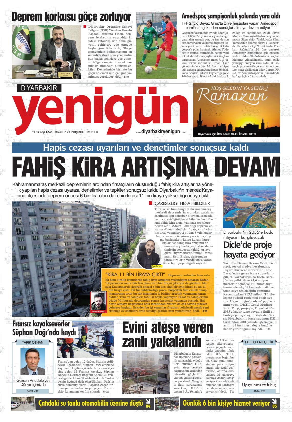 30 Mart 2023 Diyarbakır Yenigün Gazete Manşeti