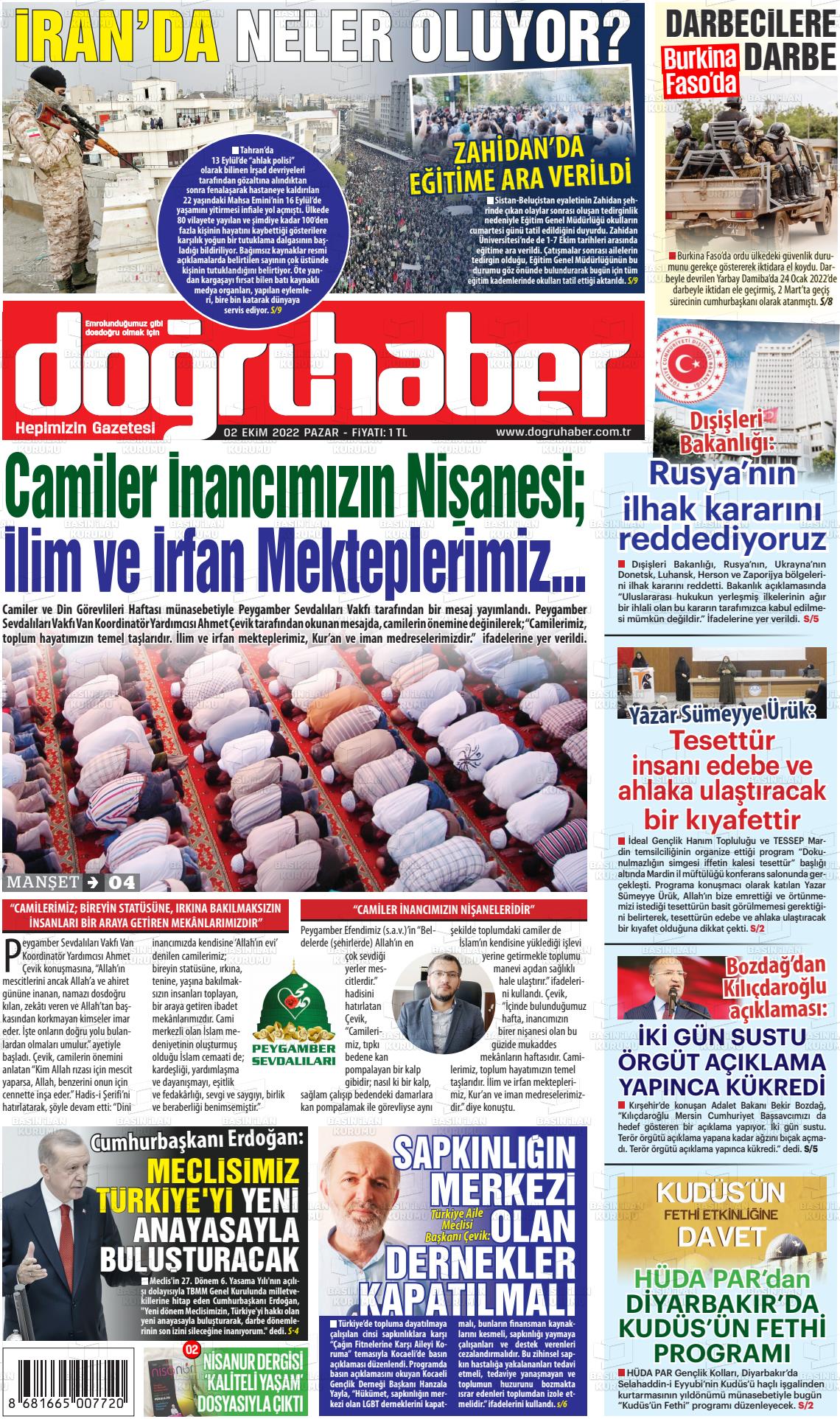 02 Ekim 2022 Doğru Haber Gazete Manşeti