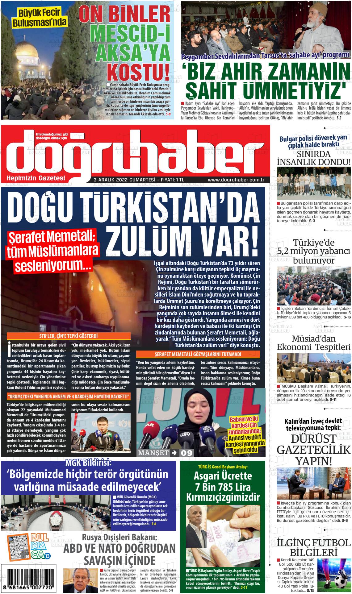 03 Aralık 2022 Doğru Haber Gazete Manşeti
