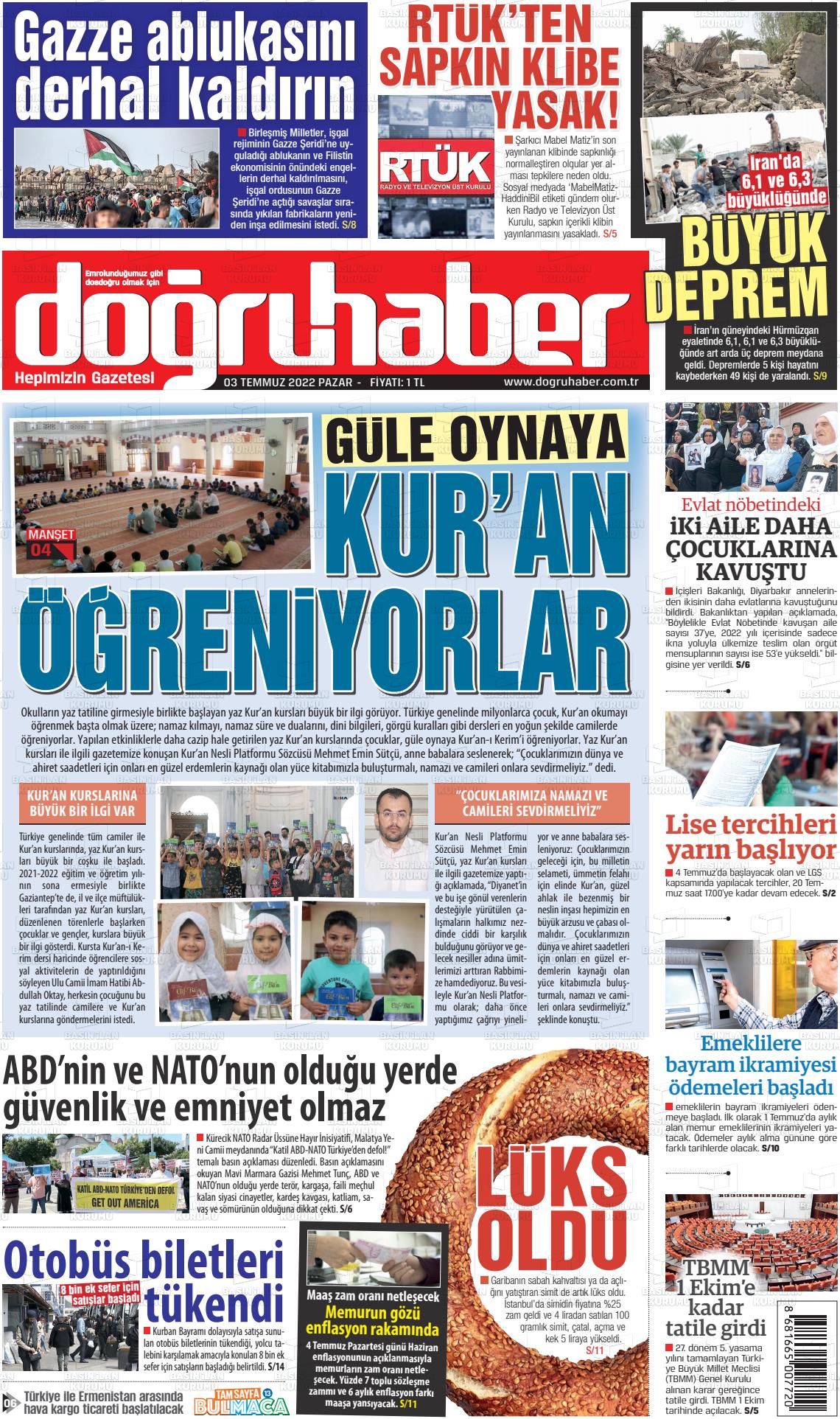 03 Temmuz 2022 Doğru Haber Gazete Manşeti