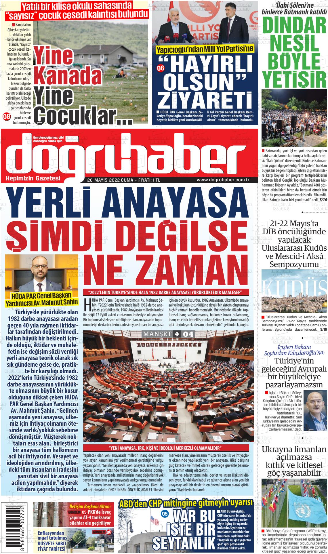 20 Mayıs 2022 Doğru Haber Gazete Manşeti
