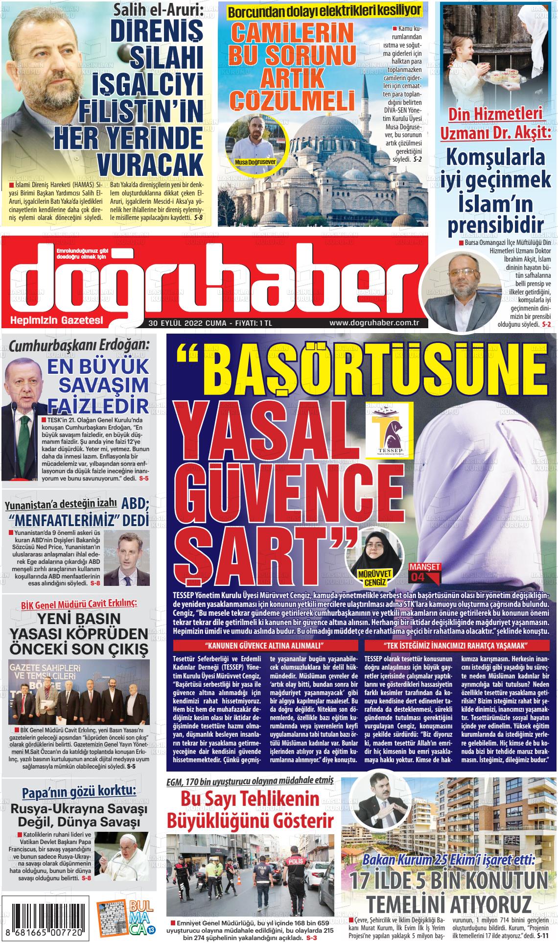30 Eylül 2022 Doğru Haber Gazete Manşeti