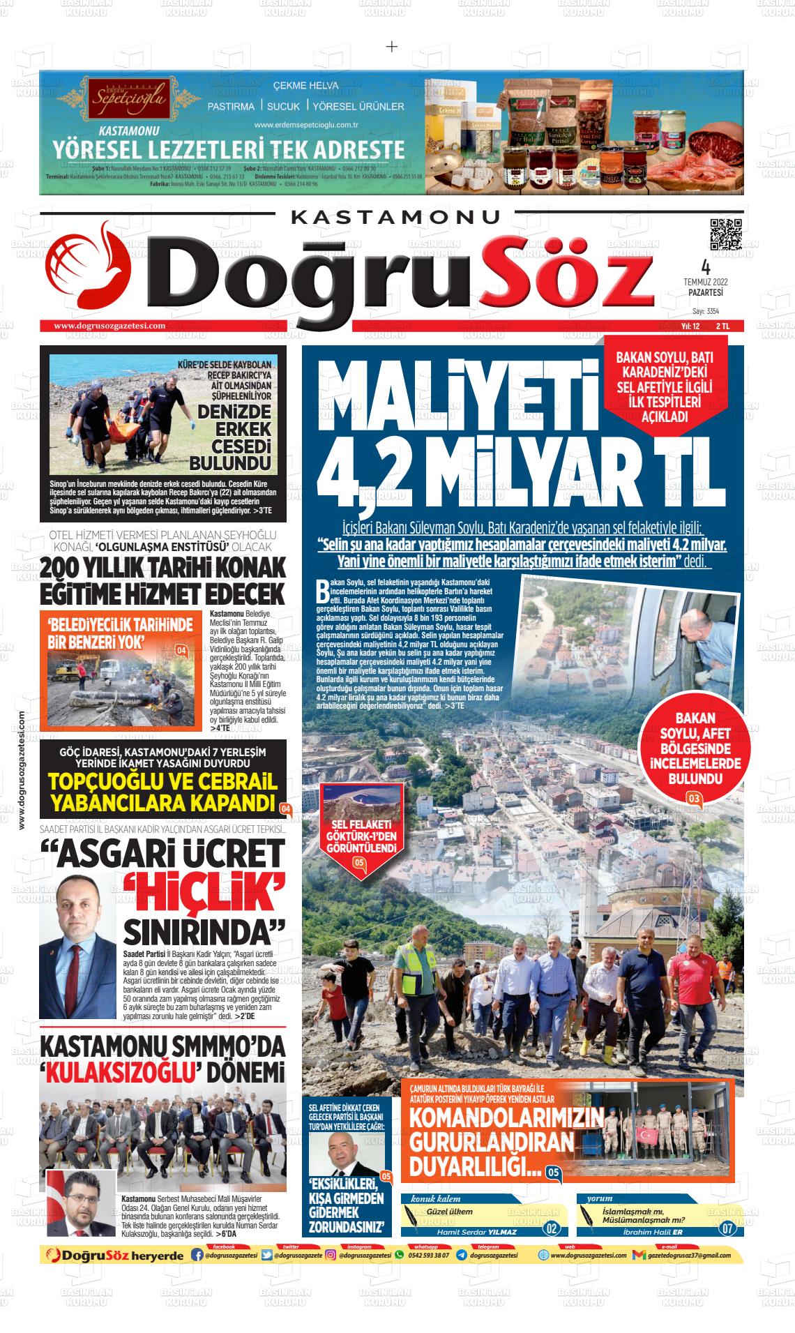 04 Temmuz 2022 Kastamonu Doğrusöz Gazete Manşeti