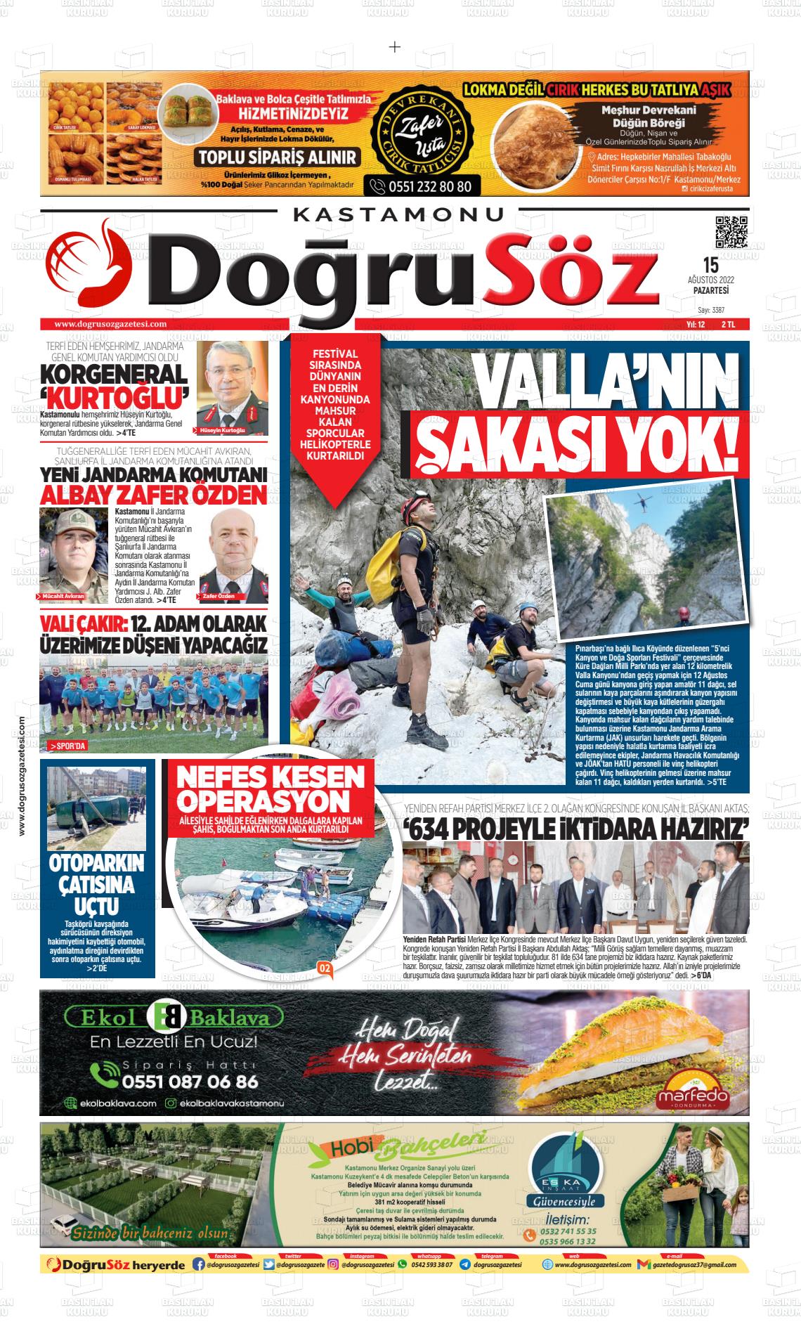 15 Ağustos 2022 Kastamonu Doğrusöz Gazete Manşeti