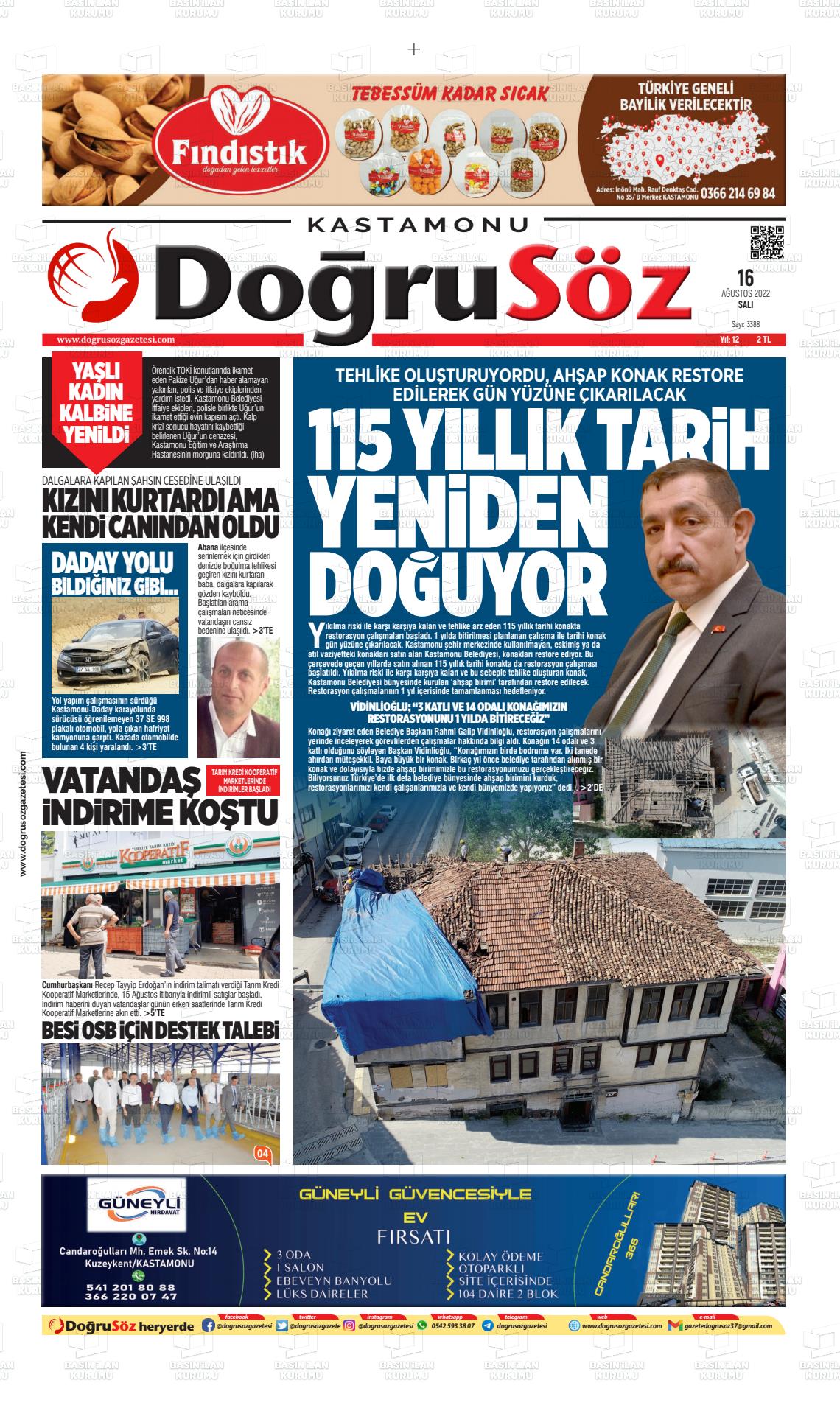 16 Ağustos 2022 Kastamonu Doğrusöz Gazete Manşeti