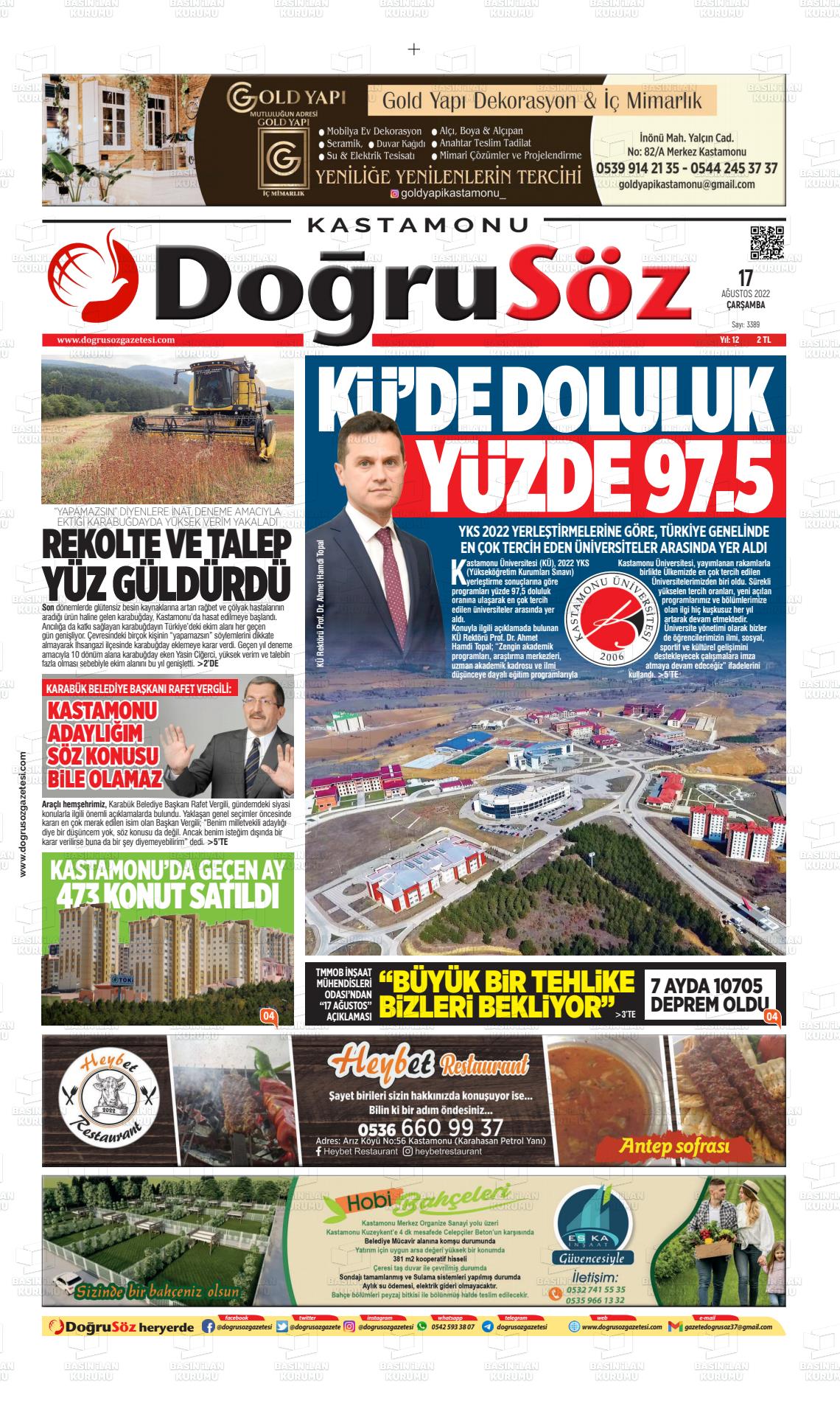 17 Ağustos 2022 Kastamonu Doğrusöz Gazete Manşeti