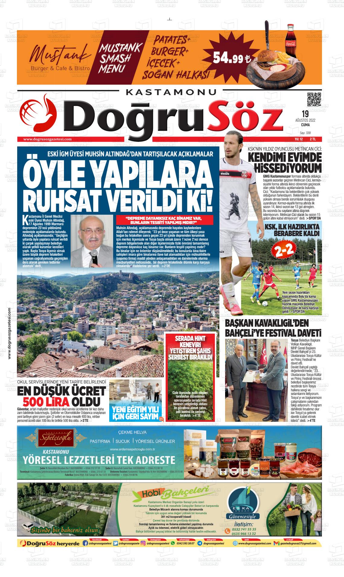 19 Ağustos 2022 Kastamonu Doğrusöz Gazete Manşeti