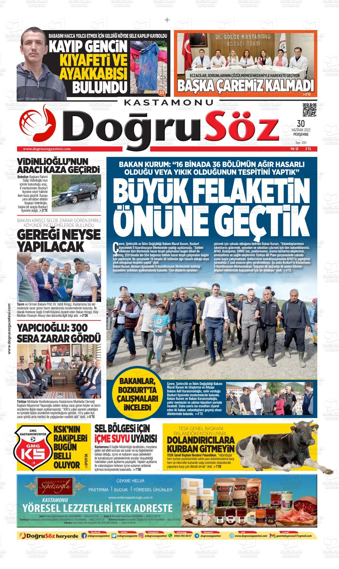 02 Temmuz 2022 Kastamonu Doğrusöz Gazete Manşeti