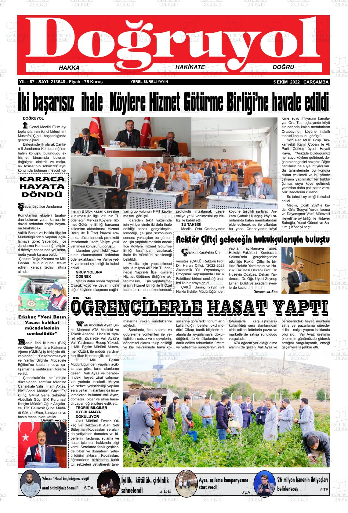 05 Ekim 2022 Doğruyol Gazete Manşeti