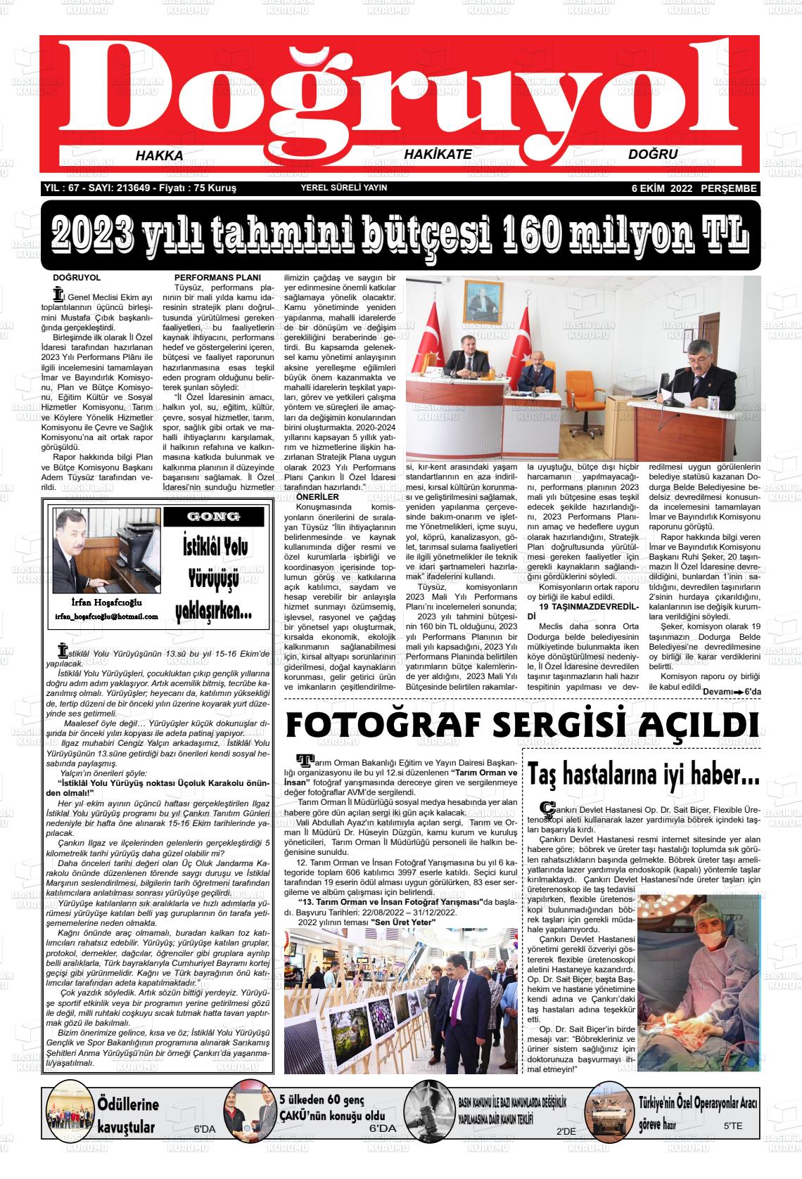 06 Ekim 2022 Doğruyol Gazete Manşeti