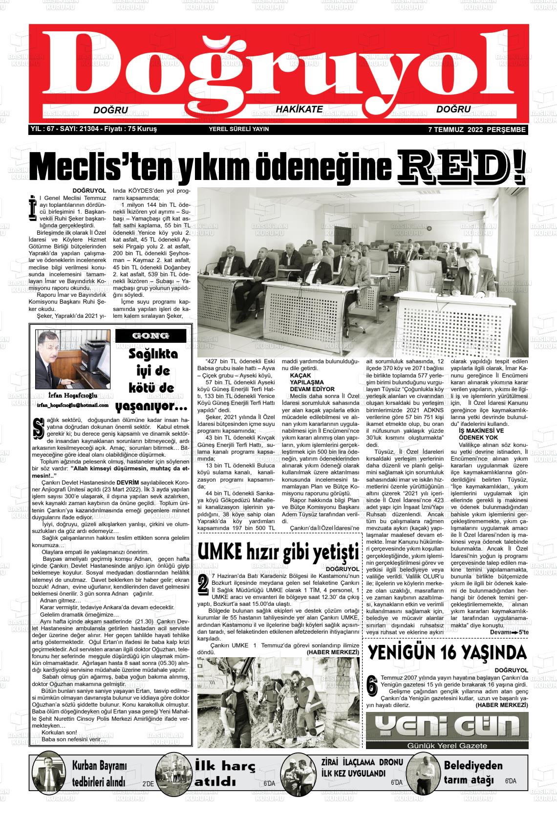 07 Temmuz 2022 Doğruyol Gazete Manşeti