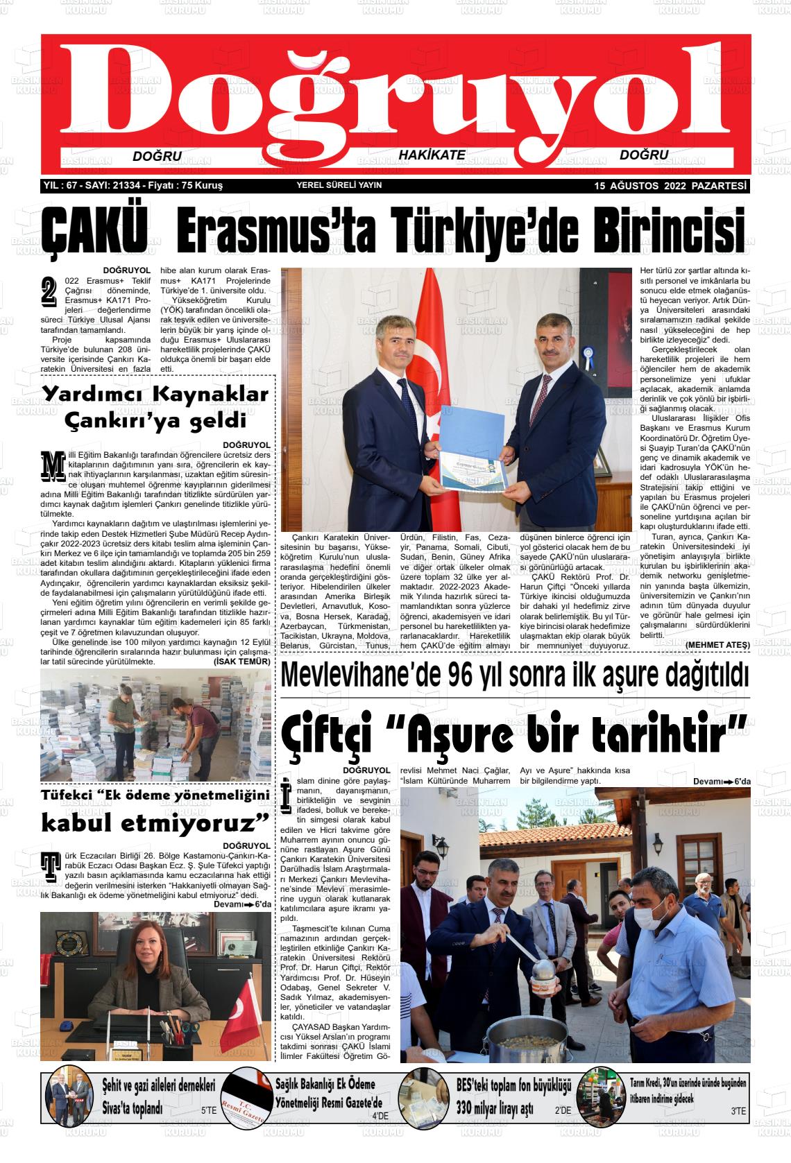 15 Ağustos 2022 Doğruyol Gazete Manşeti