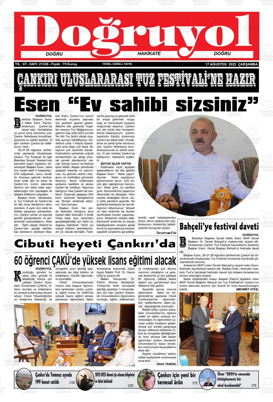 17 Ağustos 2022 Doğruyol Gazete Manşeti
