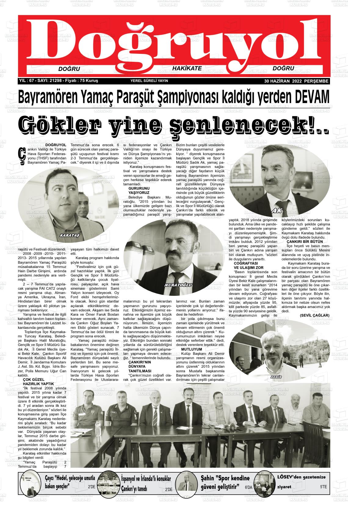 01 Temmuz 2022 Doğruyol Gazete Manşeti