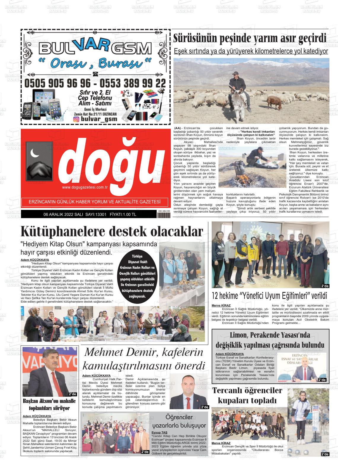 06 Aralık 2022 Erzincan Doğu Gazete Manşeti