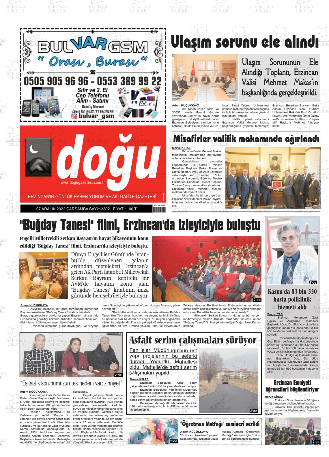 07 Aralık 2022 Erzincan Doğu Gazete Manşeti