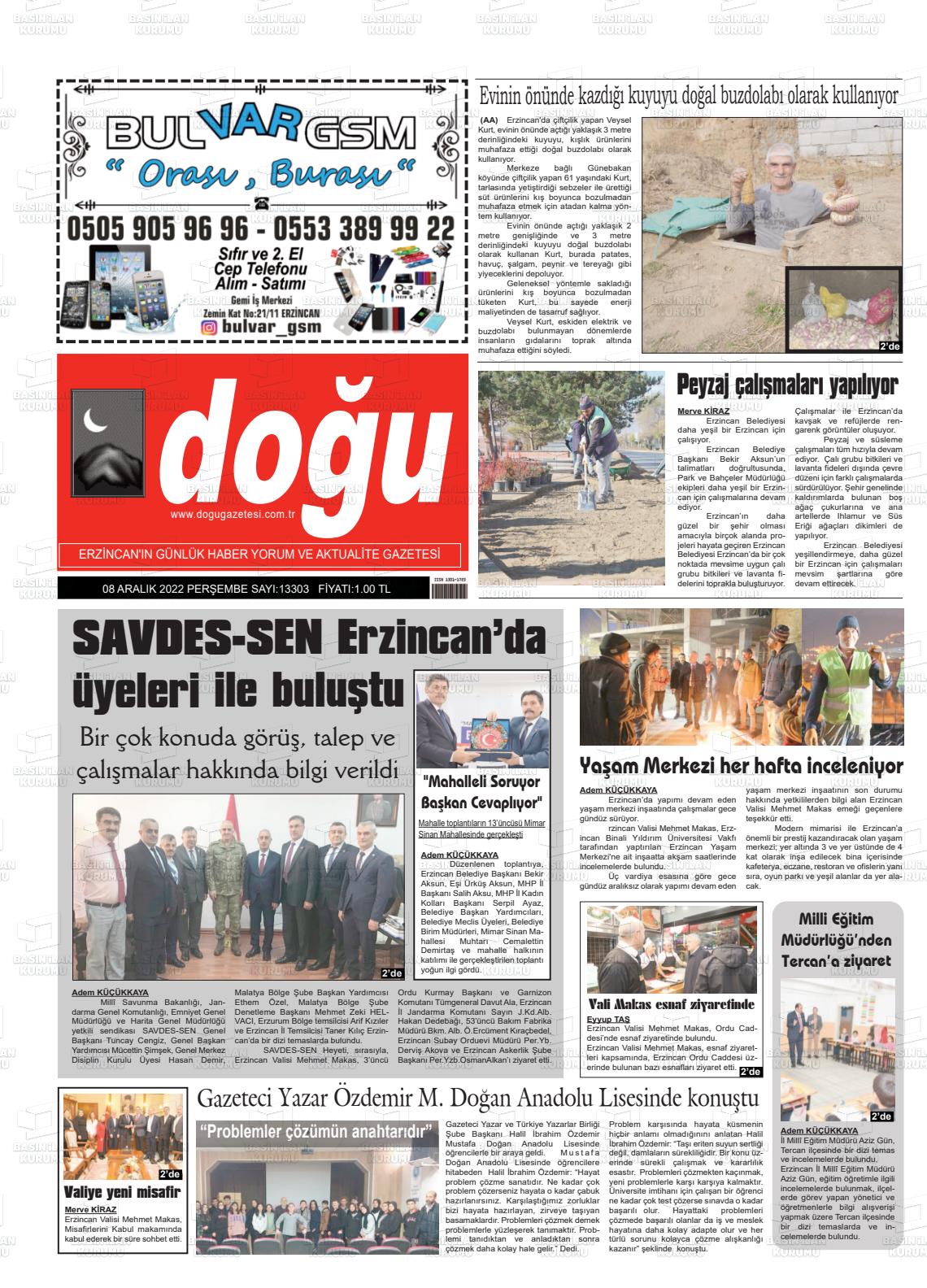 08 Aralık 2022 Erzincan Doğu Gazete Manşeti