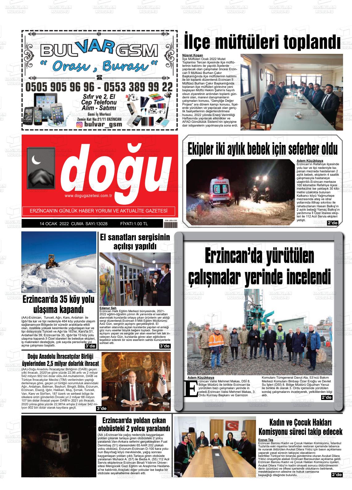 14 Ocak 2022 Erzincan Doğu Gazete Manşeti