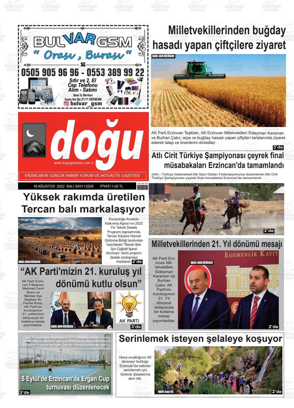 16 Ağustos 2022 Erzincan Doğu Gazete Manşeti