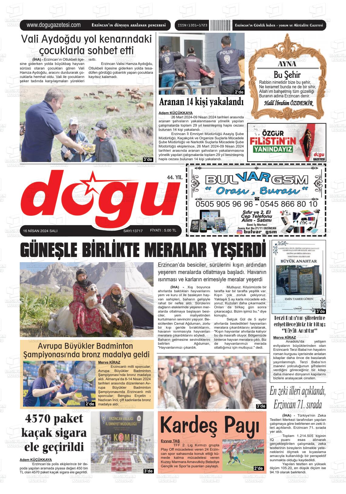 18 Nisan 2024 Erzincan Doğu Gazete Manşeti