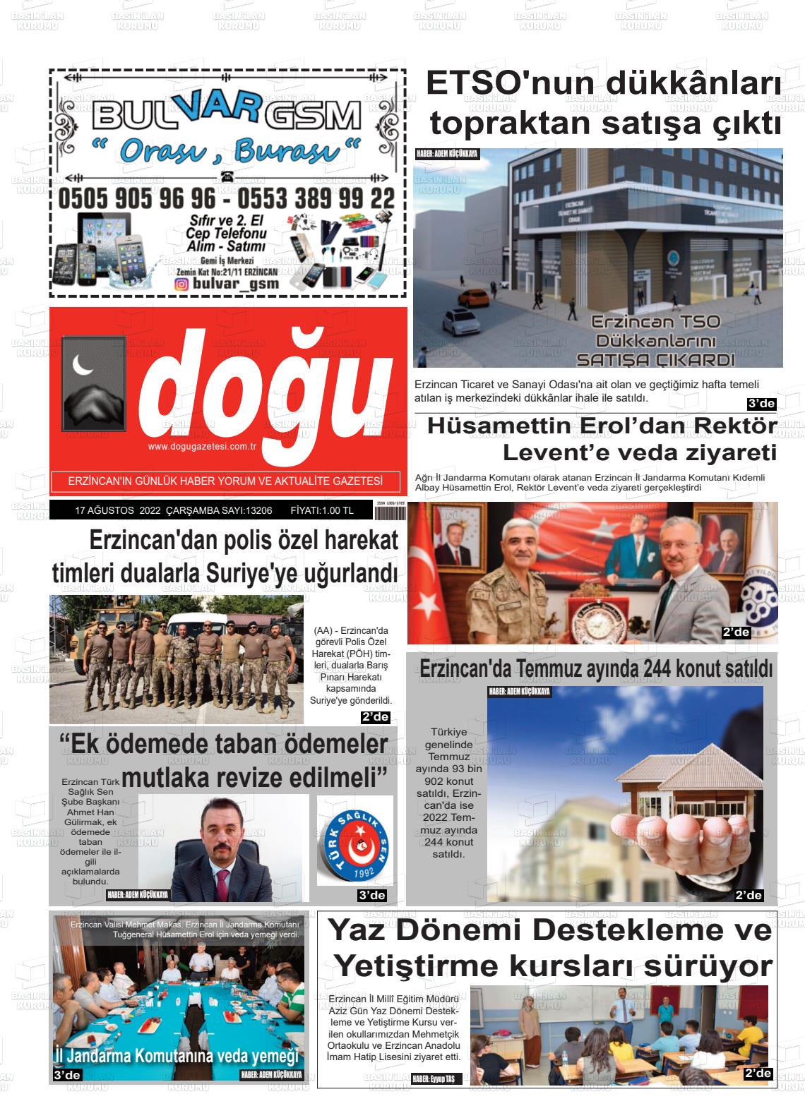 17 Ağustos 2022 Erzincan Doğu Gazete Manşeti