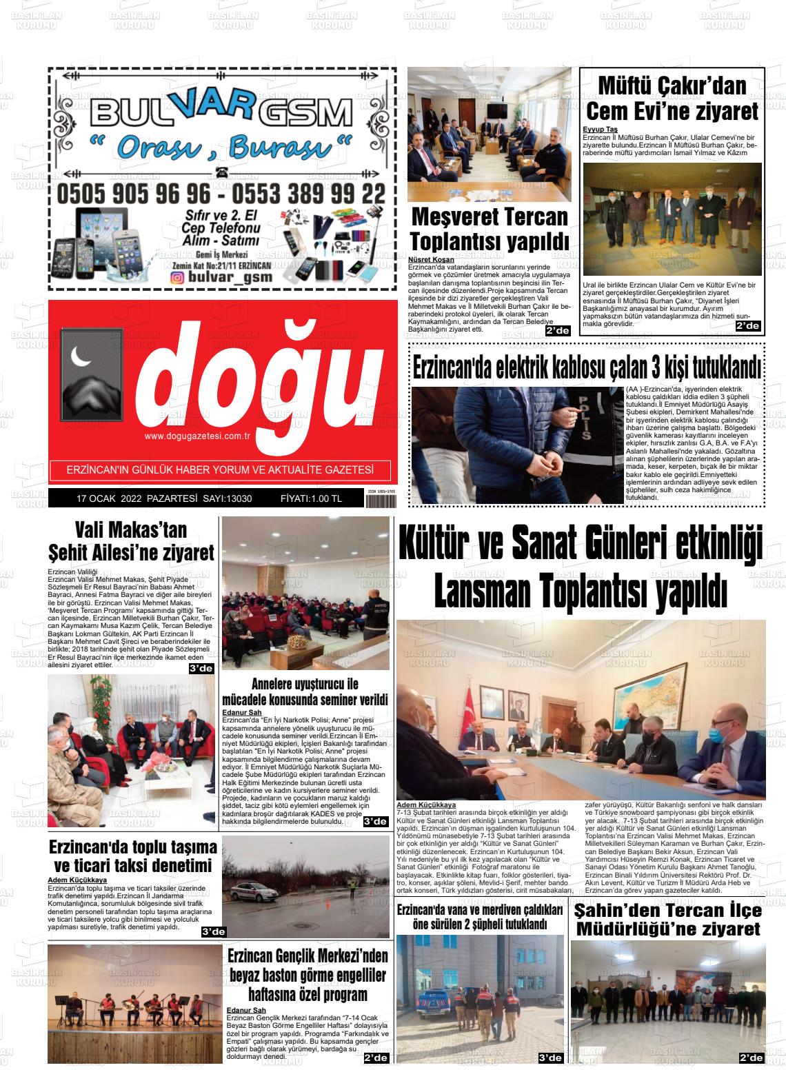 17 Ocak 2022 Erzincan Doğu Gazete Manşeti